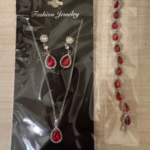 Fashion Jewelry Red Teardrop Necklace, Earrings & Bracelet Set